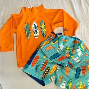 NWT 12-18M UV Skinz surfboard swim trunks, rash guard and hat set